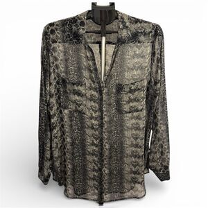 Pleione Shirt Womens XL Gray Black Snake Print Chiffon Sheer Button Down Top